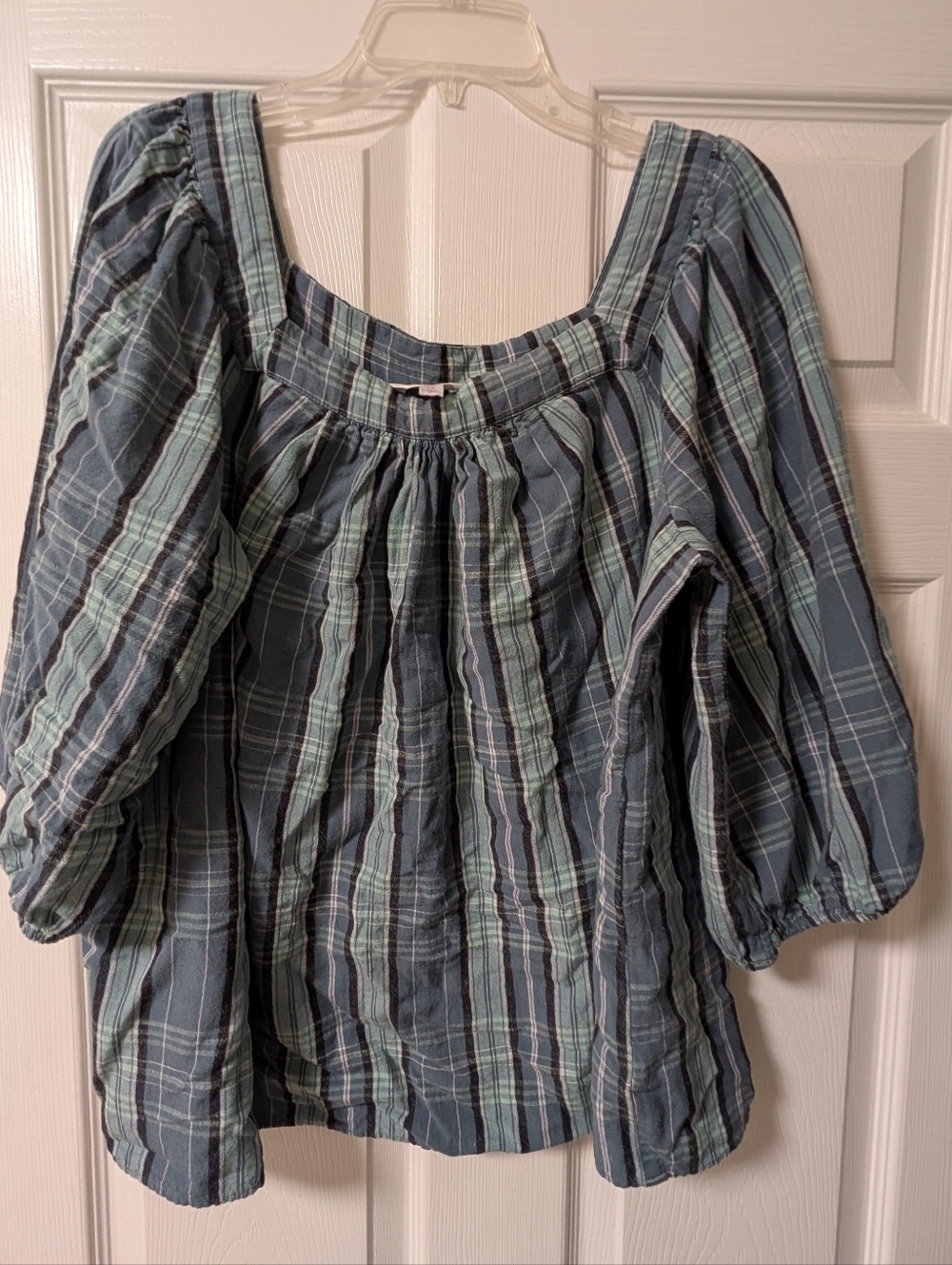 LC Lauren Conrad Black & Green Plaid Popover Blouse - 1X - Puff Sleeve